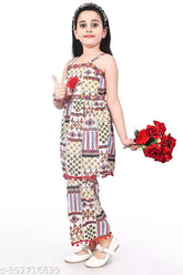 White cotton blend colorblocked Rajasthani printed top with palazzo, traditional Indian dress for girls aged 1-7 years